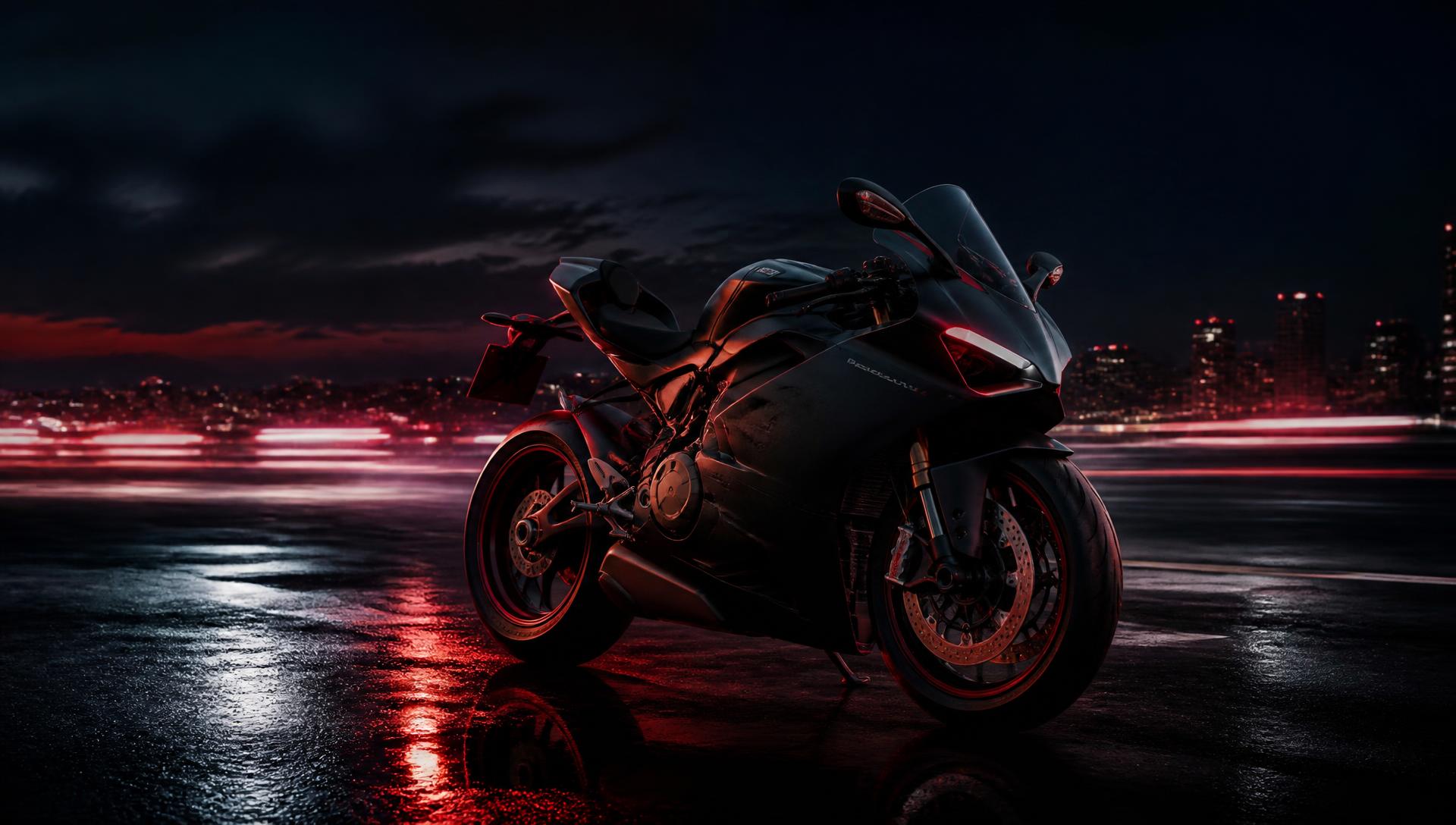 Sport bike parked on a wet road at dusk outside MOTOCYCLE showroom