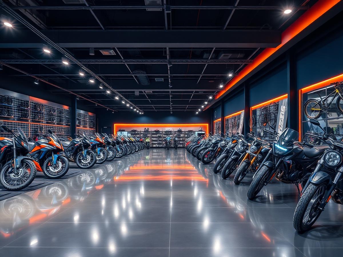 Inside the MOTOCYCLE bike showroom with rows of cycles on display